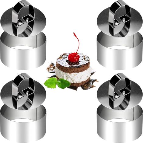 【NX】Lot de 4 cercles à pâtisserie ronds en acier inoxydable, moules à gâteaux avec 4 embouts de cuisson - 8 x 4 cm (1/5)