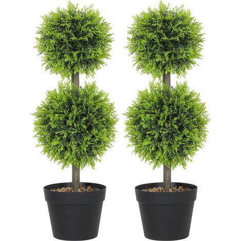 Set mit 2 künstlichen Dekopflanzen, 60 cm große künstliche Buchsbaumkugeln mit Topf, Kunststoff, grün