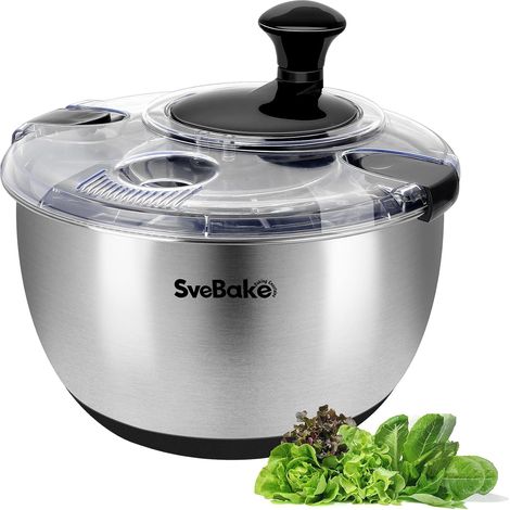 Essoreuse à Salade en Acier Inoxydable 18/10, 4,5 L, avec Couvercle et Manivelle, Passe au Lave-Vaisselle, Grande Cuvette Inox pour Laver Salades, Légumes et Fruits, Transparent (1/5)