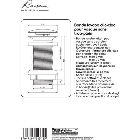 2 - Bonde Lavabo - Système Clic-Clac - Sans Trop Plein - Pour Plan De Travail Épais - Finition Noire - Diamètre 63x100mm