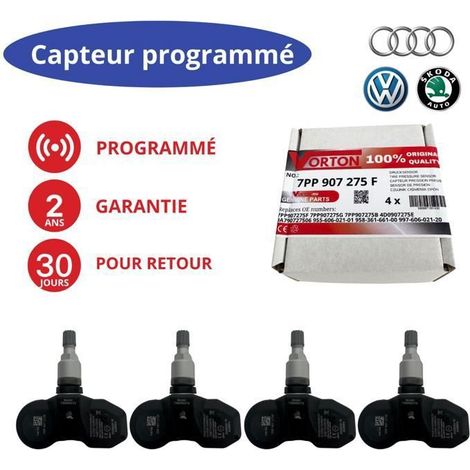 Lot de 4 capteurs TPMS 433 MHz préprogrammés pour Audi A4/A6/A7/A8/Q7/R8 et VW Touareg/Phaeton