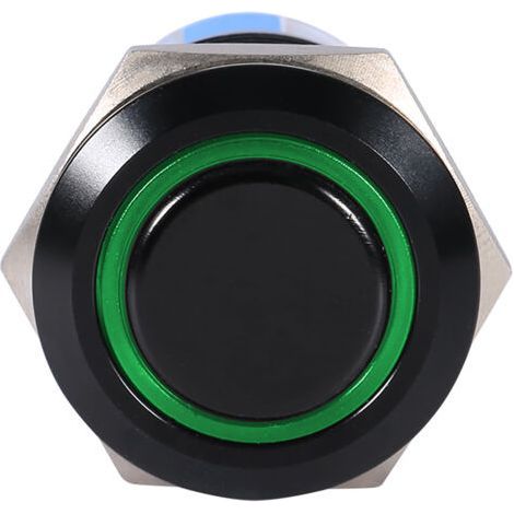19mm 12-24V ON/OFF Black Waterproof Self-Locking Latch Push Button Switch Flat Green LED (1/4)