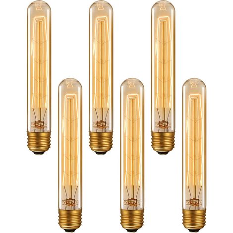 Lampadina tubolare vintage a intensità variabile, filamento T185, attacco E27, Edison 40 W, lunga lampadina T185 per lampadario rustico, applique da parete, colore ambra calda 2200 K, confezione da 6 (1/4)