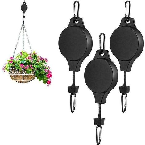 Tre ganci retrattili per piante con rotelle per sollevare e abbassare facilmente le piante, bloccaggio automatico e ganci regolabili, ganci da giardino (1/5)