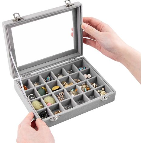 Boite a Bijoux en Velours Gris avec 24 compartiments, Rangement Bijoux et Voyage pour Bagues, Colliers, Bracelets, Boucles d’Oreilles et Montres (1/5)