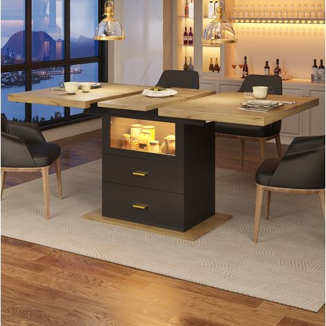 MEUBLIV Table à manger extensible 140x80x75 cm bois et noir – LED, tiroirs (1/5)