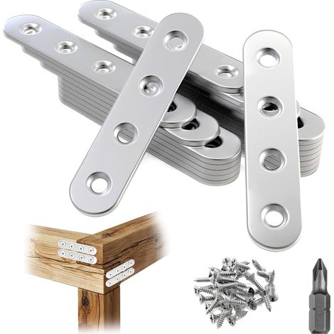 Lot de 20 connecteurs plats en acier inoxydable - 16 x 76 mm - Plaque perforée en métal argenté - Plaque de connexion avec vis et embout - Connecteur en métal pour bois, meubles, tables (1/5)
