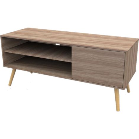 Meuble TV scandinave 110 cm – 2 niches et 1 porte – MDF finition chêne mat – Facile d'entretien – Dimensions 110x40x50 cm – Toilinux (1/2)