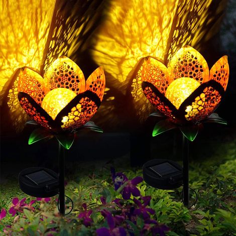 Lanternes solaires solaires extérieures, lumières décoratives de fleurs en métal, lumières de pile de pétales creux de lotus de LED, appropriées aux allées de pelouse de cour (2 pièces) (1/5)