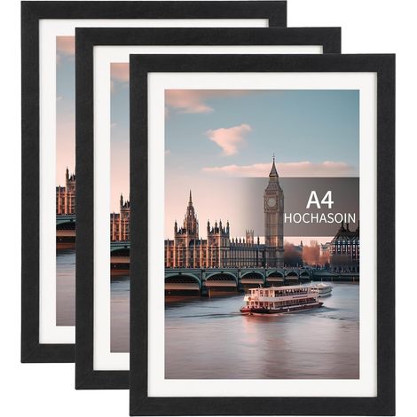 Lot de 3 Cadres Photo A4 Noir 21x29,7 cm, Cadre A4 avec Support Horizontal ou Vertical, Pour Photos, Diplômes, Certificats, Documents et Affiches, Cadre Mural ou à Poser sur Table (1/5)