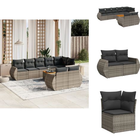 9-tlg. Garten-Sofagarnitur mit Kissen Grau Poly Rattan - Gartensorte - Gartenmöbelset - Esstischgarnitur - Outdoor Möbel - Lounge Set (1/5)