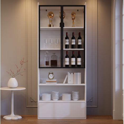 Vitrina alta 80 x 34 x 180 cm con 1 cajón, puertas de cristal y LED blanca HAVRYA (1/5)