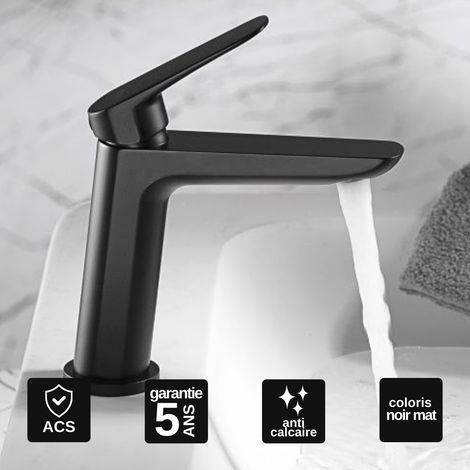 Robinet Mitigeur Lavabo Salle de Bain noir mat – Bec Bas Anti-Calcaire – Design moderne - BELGICA IMEX (1/6)