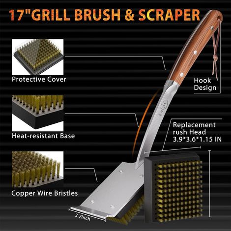 ENLOY Lot de 2 têtes de brosse de rechange en fil de cuivre, brosse de barbecue et grattoir avec 8 vis et tournevis, tête de brosse de nettoyage de barbecue avec housse de protection et pour la (1/4)