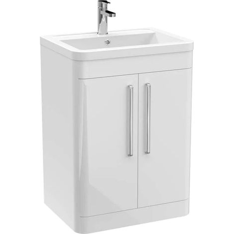 Balterley Calwich Contemporary Bathroom Floor Standing Vanity Unit with 2 Soft Close Doors & 1 Tap Hole Ceramic Basin, Gloss White, 600mm (1/4)