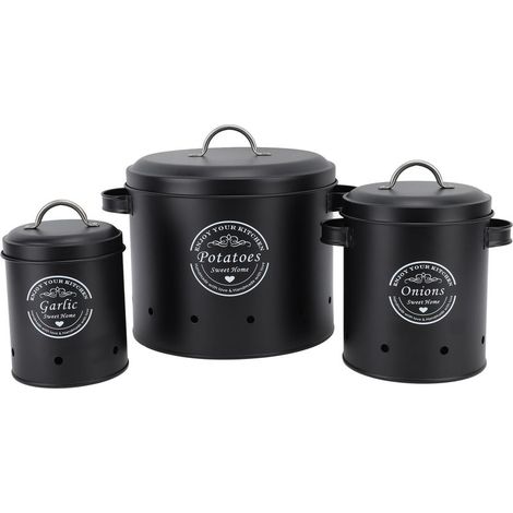 Panières de Rangement pour Pommes de Terre et Oignons, Acier Carbone, Style Ferme, Lot de 3, Contenants pour Plan de Travail, Noir (1/5)