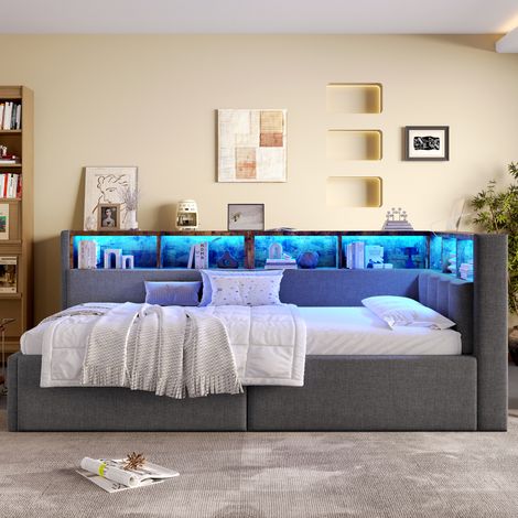 Cama diván moderna de lino gris 90x200 cm con cabecero con almacenaje, LED multicolor, USB, Type-C y arcón hidráulico (1/5)