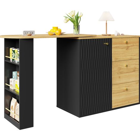 Table de bar extensible avec espace de rangement (138-204×39×104 cm), table à manger pivotante à 360°, table de bar mobile moderne, table haute pour îlot de cuisine, buffet à effet bois (1/5)