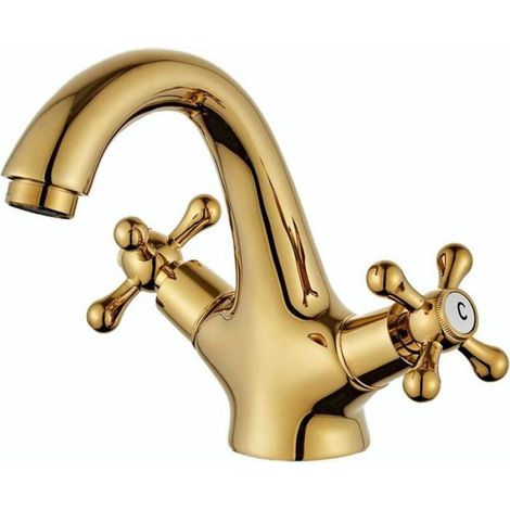 pièce-Convient pour robinet de lavabo rétro, mitigeur à deux poignées, style vintage, en laiton antique avec poignée en croix (1/4)
