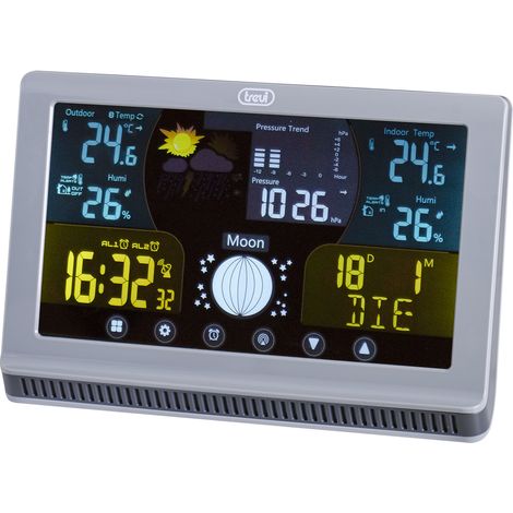 Trevi ME 3P70 RC-Wetterstation mit Außensensor und Touch-Bedienung, Thermometer, Luftfeuchtigkeit und Mondphasenanzeige, programmierbare Alarme mit Snooze-Funktion, mehrsprachiger Kalender