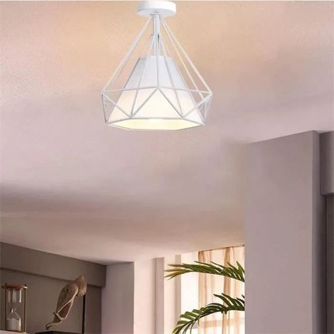 U-Do Plafonnier Industriel Lampe Abat - Jour Cage forme Diamant en Métal Blanc design Vintage pour Cuisine Salon Bureau (1/4)