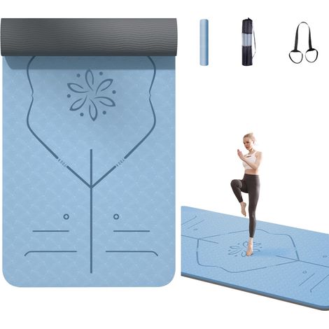 Tapis de yoga en TPE bleu (avec lignes d'alignement) — Antidérapant et extra-épais — Sac de transport et sangle inclus (185 x 61 cm) (1/2)