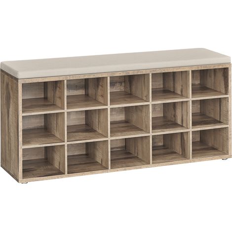 Vasagle – Banc à chaussures avec assise rembourrée – Rangement 15 compartiments – Dimensions 30x105x48 cm – Capacité 200 kg – Marron camel et beige cappuccino