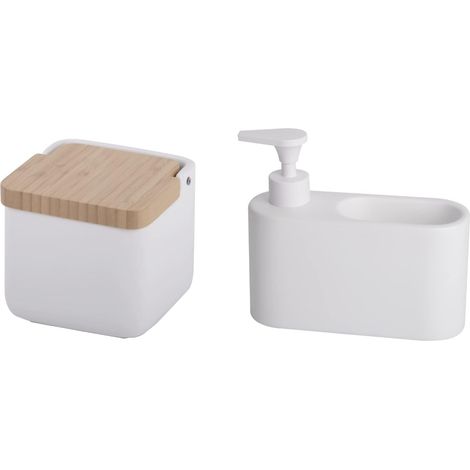 2 - Ensemble Accessoires Cuisine - Salière Céramique - Distributeur Savon - Couvercle Bambou - Finition Mate Blanche - 11,5x11,5x11,5 cm et 18x6x15,8 cm