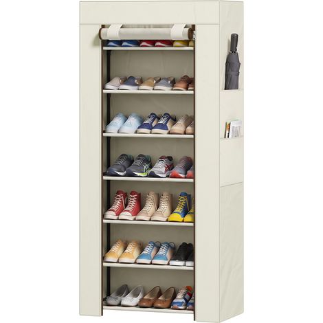 HOMCOM zapatero de 7 niveles, zapatero estrecho de acero con funda de tela no tejida, 2 bolsillos laterales, estantería para 14-21 pares, beige (1/5)