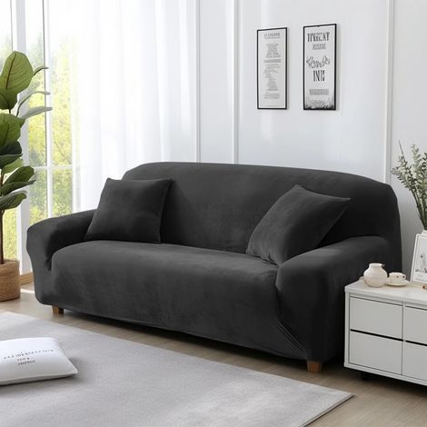 Housse de canapé en velours extensible, deux places (145-185 cm), gris foncé. (1/5)