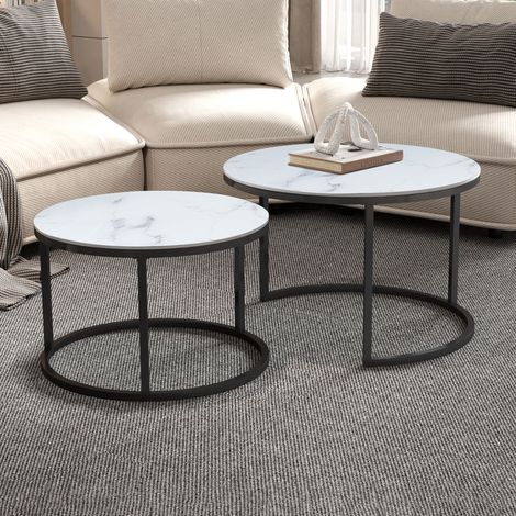 Lot de 2 tables gigognes 80 et 60 cm en verre effet marbre blanc