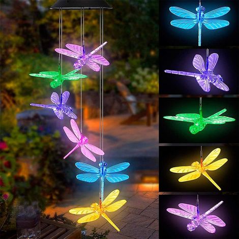 Carillon solaire libellule LED multicolore changeant de couleur, lampe mobile étanche suspendue pour arbre terrasse et jardin (1/5)