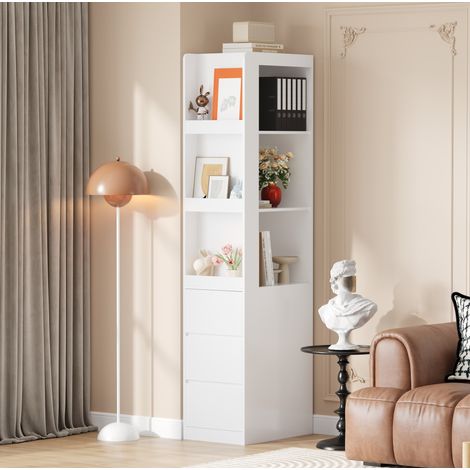 Bibliothèque étroite en panneaux de particules blancs 60 x 40 x 200 cm avec 3 étagères et 3 tiroirs (1/5)