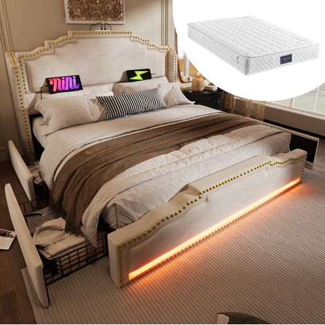 MEUBLIV Letto 140x200 cm beige - 4 cassetti, LED e USB-C, con materasso (1/5)