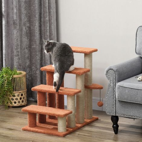 Escalier pour animaux, 4 marches, griffoir, pour animaux jusqu’à 5 kg, 60x40x64cm, marron