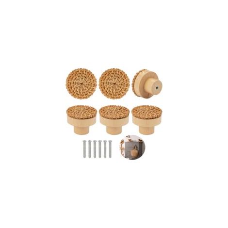 Ede CSPARKV Lot de 6 boutons de meubles en bois et rotin, poignées de meubles en bois, boutons de tiroir, boutons d'armoire, boutons de meubles ronds en bois, boutons de meubles en bois pour la chambr (1/5)