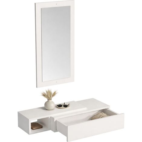 Mobile da Ingresso Ingria, Specchio Incluso, un Cassetto, un Ripiano, 82x30x16h cm Bianco