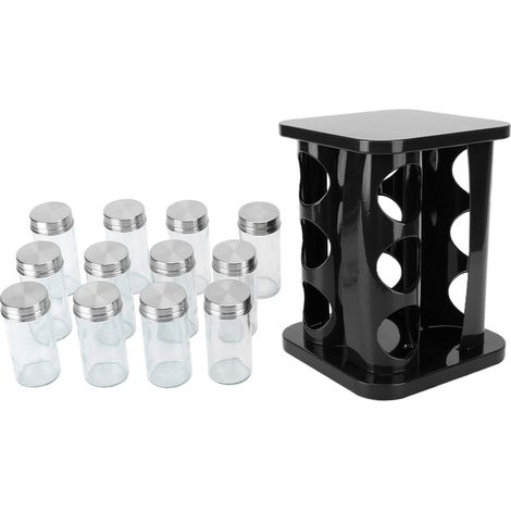 Set mit 12 Gewürzgläsern aus Glas und Edelstahl mit drehbaren Deckeln, schwarz, für die heimische Küche (1/5)