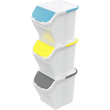 Set 3 Pattumiere a torre Bianche da 25 Litri per la raccolta differenziata - Misura 40x30x34 cm - Pattumiera impilabile con mangilia per il trasporto (1/5)