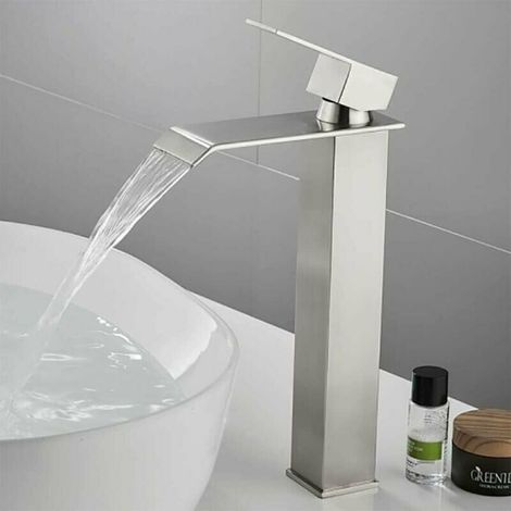 royaluxe -Robinet simple de lavabo Robinet Cascade Haut Salle de Bain Rectangulaire Monotrou Cartouche Céramique Chaude Froide Réglable Mitigeur pour Vasque Lavabo Acier Inox Chromé Argent sans Plomb (1/5)