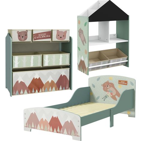 Conjunto para niños incluye 1 cama infantil 1 estantería para juguetes con pizarra pintable y 1 organizador de juguetes con 6 cajas de tela verde (1/5)