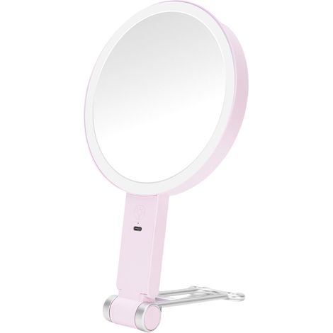 Miroir de maquillage portable, de bureau, mural ou portable, avec éclairage LED réglable, double face, grossissement 1x/20x, rose, idéal pour la chambre, la salle de bain, les voyages et les dortoirs. (1/5)