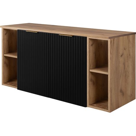Furnidea - Meuble sous vasque suspendu FLOW NOIR 120 cm avec 2 x l'étagères - extensions et plan CHÊNE - 2 portes - façades rainurées (1/5)
