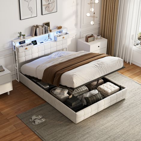 Lit coffre 140x190,lit 140x190 avec sommier à lattes,tête de lit de rangement,LED,USB,lit double capitonné,lit adulte,lit 2 personnes,tissu en velours,Beige