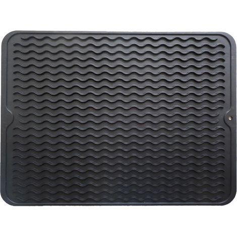 Tapis égouttoir en silicone multi-usages, facile à nettoyer, écologique, résistant à la chaleur, pour plan de travail, évier, réfrigérateur ou tiroir (noir). (1/5)