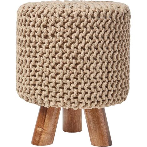 HOMESCAPES Pouf tressé en tricot et pieds en bois - Beige (1/5)