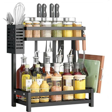 – Étagère à épices 2 niveaux 34 x 21 x 41.7 cm – Matériau robuste – Pour rangement optimisé des condiments en cuisine (1/5)