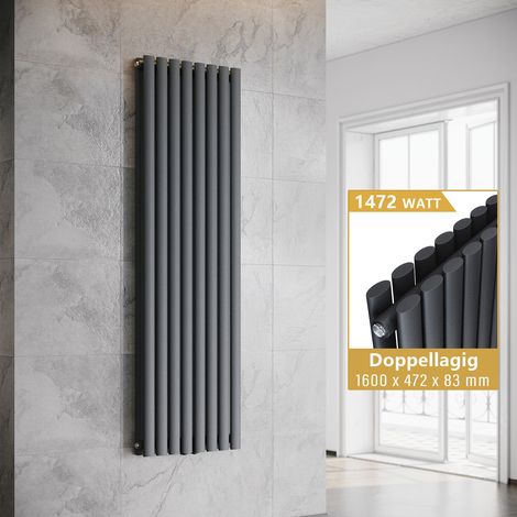 ELEGANT Heizkörper Anthrazit Doppellagig Röhrenheizkörper Oval Paneelheizkörper Vertikal 1600x472mm 1472Watt
