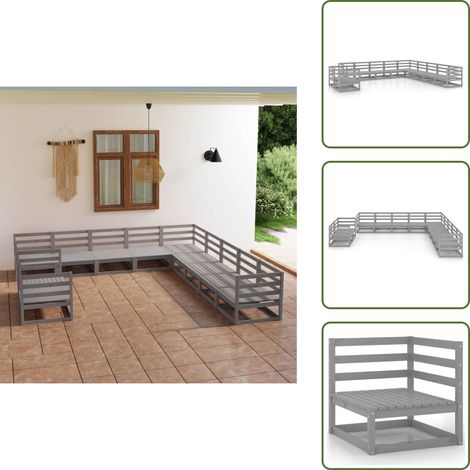 The Living Store 11-tlg. Garten-Lounge-Set Grau Kiefer Massivholz - Gartensofa - Lounge Set - Gartenmöbeln - Rattan Gartenmöbel - Kiefernholzmöbel