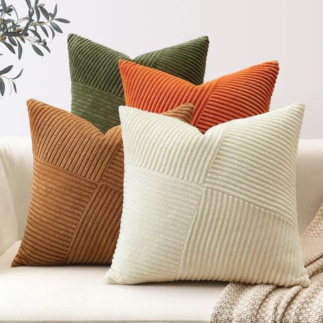 Lot de 4 housses velours côtelé vert olive 50x50cm style rustique intérieur